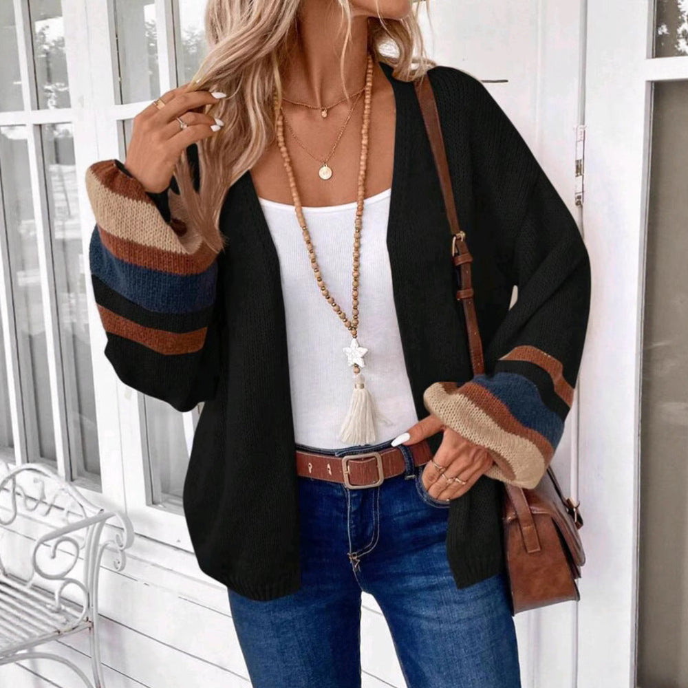 Mona | Comfy Open Front Striped Lantern Sleeve Cardigan